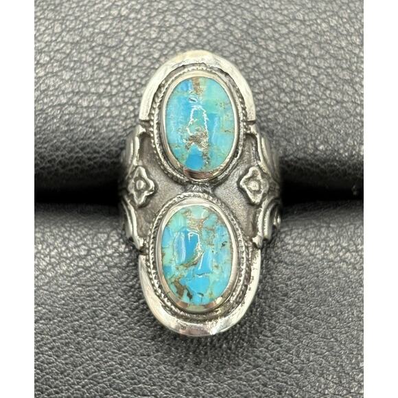 New Condition Sterling Silver Double Turquoise Long Ring Size 6 - Picture 1 of 10